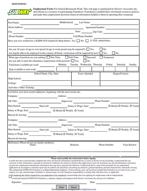 Download Subway Employment Application Form Pdf